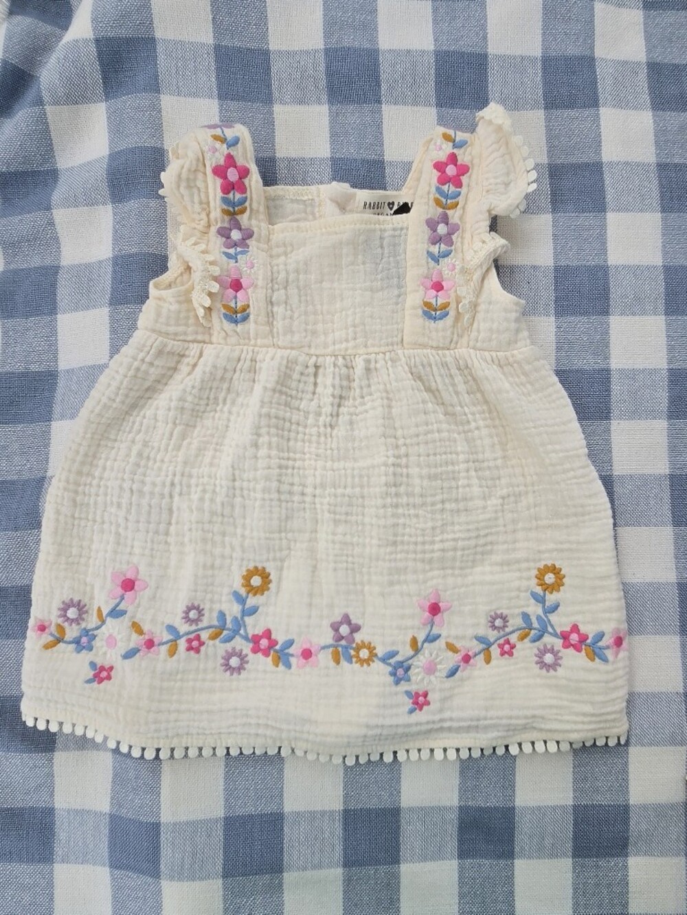 Rabbit & Bear Organic Baby Dress - Cream With Embroidered Flowers, 100% Cotton